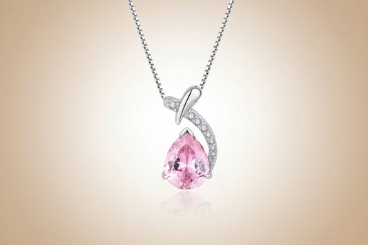 Pink teardrop pendant with silver chain