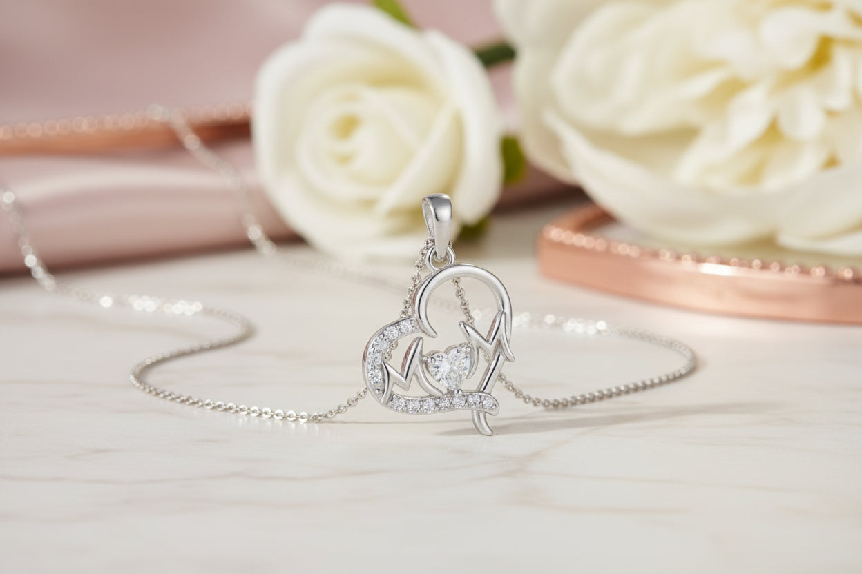 Silver pendant with heart and star design on a white background