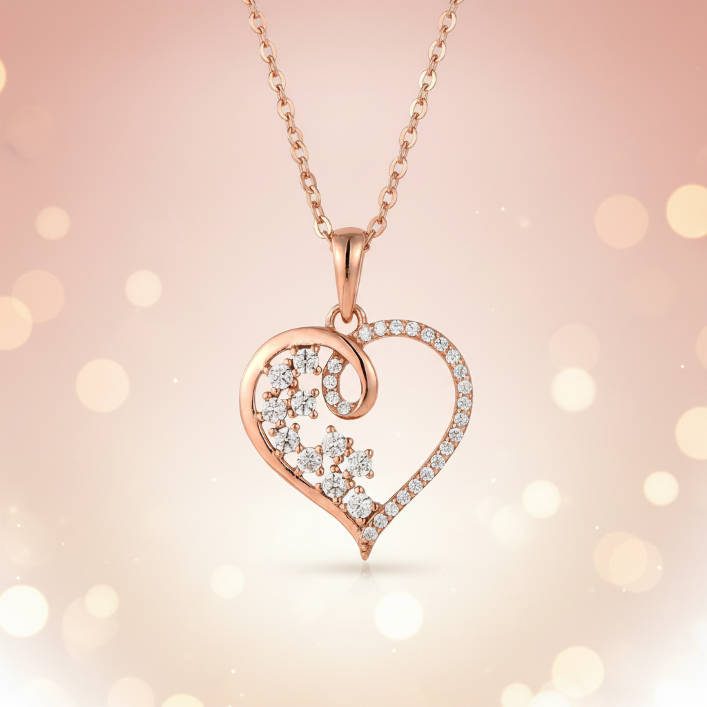 Rose gold heart-shaped pendant with diamonds 